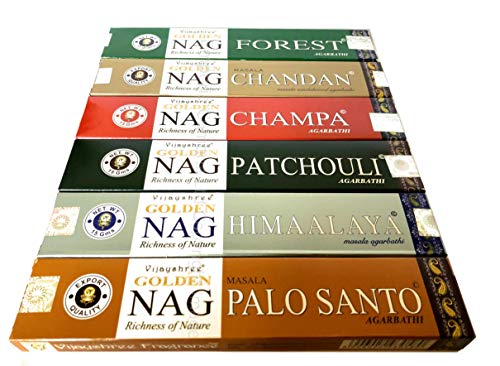 Golden Nag Champa Lot de 6 boîtes de bâtons d'encens Nag Champa, Palo Santo, Santal, Patchouli, Himalaya, Forest (Mix A)