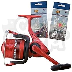 Lineaeffe 3bb Ocean Master Size 50 Carrete Fijo Mar / Playa / MUELLE Carrete de pesca + 10x Pelaje señuelos (2 x Paquetes de plumas)
