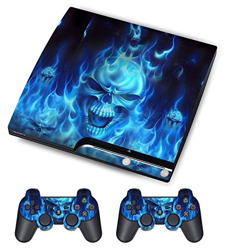 TQS Piel Diseñador para Sony PS3 Slim consola del sistema más dos (2) Adhesivos para: Playstation 3 DUALSHOCK controlador - Skull of Blue Fire