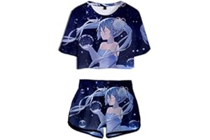 WANHONGYUE Anime Vocaloid Hatsune Miku Impreso en 3D Camiseta y Pantalone Cortos 2 Piezas Conjunto Niñas Mujer Crop Top T-Shirt y Shorts Set
