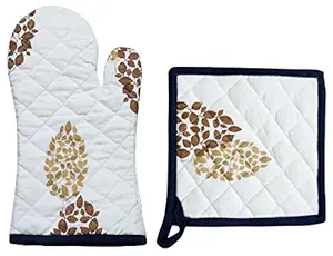 100% Cotton Heat Proof Microwave Oven Gloves & Heating Pad Combo (Gold/Brown)