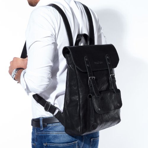 FEYNSINN Rucksack dünn PHOENIX – Lederrucksack fit für 14″, iPad – Backpack im Vintage-Look – echt Leder schwarz - 5