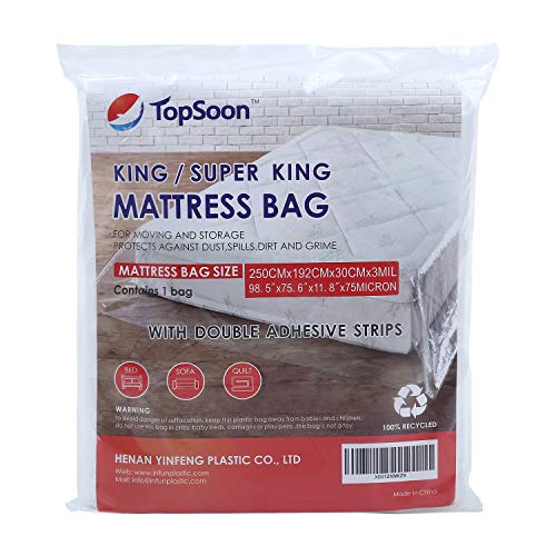 Topsoon King size bolsa de colchón resistente con tiras adhesivas dobles de 98.5 "x11.8" x75.6 "de espesor 75 micrones para guardar y mover el colchón