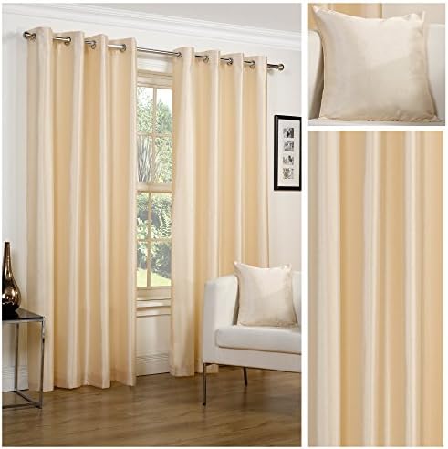 Faux Silk Slubbed Cream Eyelet Fully Lined Readymade Curtain Pair 90x90in(228x228cm) Approximately By Hamilton McBride by Luxury Faux Silk