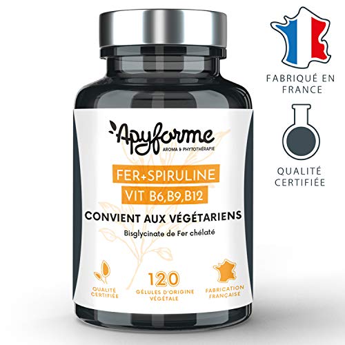 Apyforme - Vitaminas para vegetarianos - Complementos alimenticios vegetarianos : Hierro, espirulina, vitaminas B6, B9, B12 - Vitaminas contra la carencia de hierro - 120 cápsulas - Made in France