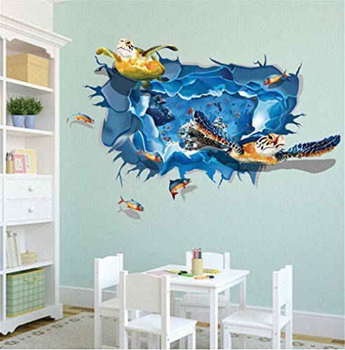 ufengke 3D-Unterwasserwelt Lebendige Schildkröten Wandsticker,Wohnzimmer Schlafzimmer Entfernbare Wandtattoos Wandbilder