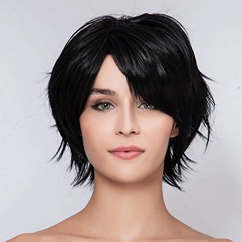 THZ Natural Women's short Dark Black Straight Heat resistant Cosplay Full Hair Wigs