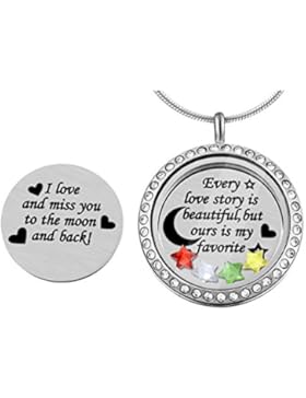 Damen Mädchen Halskette Rund Glass Medaillon Floating mit Strass Bunt Stern Steinen Personalisiert Gravur Silber...