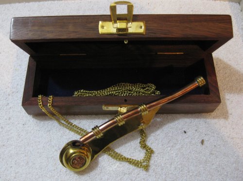 Bootsmannspfeife Messing mit 80cm Kette in schöner Holzbox mit Anleitung - 2