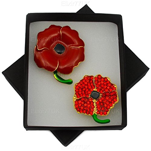NEW BOXED SET OF 2 RED POPPY PIN BROOCHES ENAMEL AND CRYSTAL BROOCH IN BLACK PRESENTATION BOX UK SELLER