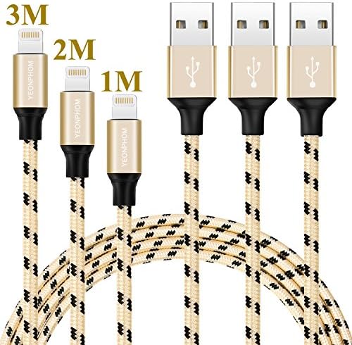 Lightning Cable, YEONPHOM 3pack 3ft 6ft 10ft Extra Long Nylon Braided iPhone Charger Cable Charging for iPhone 7/7 Plus/6s/6s Plus/6/6 Plus/5/5S/5C/SE, iPad 4, iPad Air 1/2, iPad Mini 1/2/3 (Black/Gold?