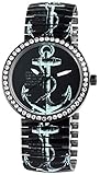 Damenuhr Schwarz Weiß Anker Schifffahrt Titan-Look Strass Crystal Analog Quarz Metall Modisch Zugband Arabische Ziffern Armbanduhr