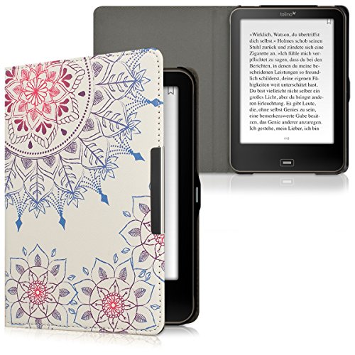kwmobile Hülle für Tolino Vision 1 / 2 / 3 / 4 HD – Flipcover Case eReader Schutzhülle – Bookstyle Klapphülle Vintage Blumenring Design Pink Blau Weiß - 5