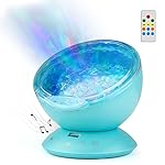 GoLine Ocean Wave Projector Lamp with Built-in Music Player, Remote Control 4 Sounds&7 Lights&12 LED Beads Projection Nightlight for Kids Bedroom, 1H/2H/4H Timer, TF Slot, 3.5mm Aux-in.(NL020-BE)