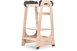 Beeloom - Tour d'apprentissage Montessori en Bois, Panda Tower, Tabouret d'activité pour Enfants Gris, avec marches à Hauteur réglable à 3 Niveaux