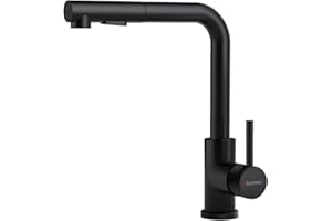 DAYONE Matte Black Kitchen Mixer Tap with Pull Out Spray, SUS304 Stainless Steel Monobloc Single Lever Kitchen Sink Taps with 2 Spray Modes, 360° Swivel Kitchen Tap, UK G1/2 Kitchen Faucet
