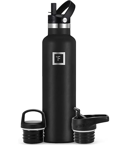 OLDLEY Roestvrijstalen drinkfles met rietje, 1 l, geïsoleerde fles met 3 deksels, grote thermosfles, 1 liter, lekvrij, warm en koud, voor sport, gym, camping, fiets (zwart, 3 deksels