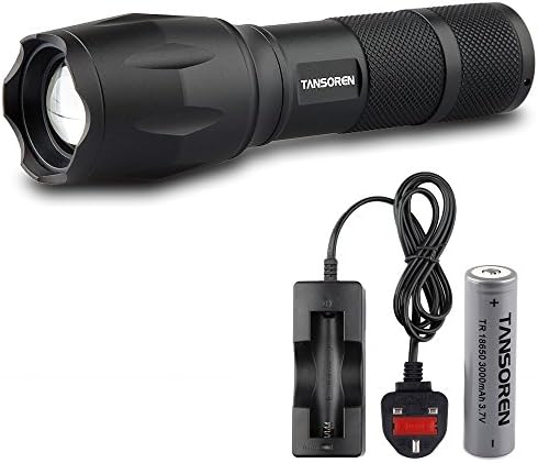 TANSOREN® Zoom LED Torch 1000 Lumens Ultra Bright Tactical Waterproof Handheld Flashlight Included Rechargeable 18650 Battery and Charger