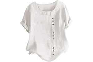 HAOLEI Linen Tops for Women UK Deals,Ladies Floral T Shirts Elegant Cotton Linen Short Sleeve T Shirts Buttons Graffic Tee Shirt Crew Neck Casual Loose Fit Summer Blouses Lagenlook Tunic Tops