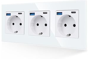 JIMEIDA Toma de corriente con USB en blanco, tomas Schuko de cristal de 16A con conexión USB de carga rápida y puerto tipo C máx.3,1A, toma de corriente de pared con contacto de protección empotrada