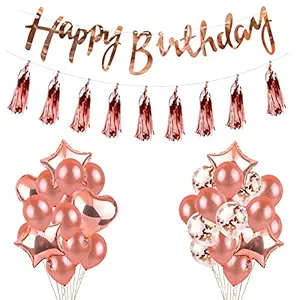 Party Propz Rose Gold Happy Birthday Decorations Items Combo - 29Pcs Set Rubber Ballons For Party Supplies, Birthday Decoration Items For Girls Or Wife