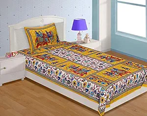 BedZone Cotton 180 TC Comfort Rajasthani Jaipuri Traditional Bed Sheet with 1 Pillow Cover (Multi, Single , RE, 01)