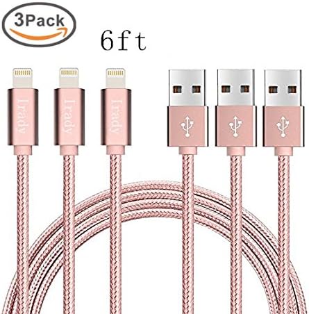 Lightning Cable,Irady 3Pack 6ft Nylon Braided USB Cord Charging Cable Charger for iPhone 8 7 6 6s, iPhone 8 Plus 7 Plus 6s Plus, iPhone 5s 5 Se, iPad, iPod mini Air Pro iPod touch nano 7 and More, Pink