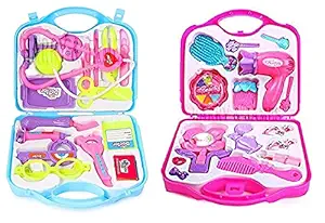 Beauty Set and Doctor Play Set Combo with Foldable Suitcase,Compact Medical Accessories and Makeup Accessories Combo Kit. Best Birthday Gift for Kids, Boys & Girls 3-8 Years