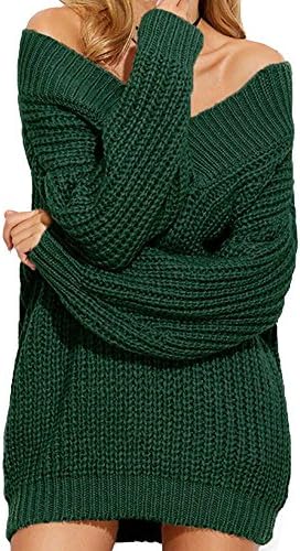Women's Casual Sexy Warm Long Sleeve Knit Sweatshirts Top Blouse Mini Dress Sweater Knitwear (A-Green)
