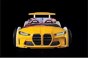 STRATUS INTERIORS Bmw Car Bed for Boys Racing Car Bed with Matress , Led Lights, Single Toddler Bed,Kids Bed Frame with Remote Control Lights & Sounds for Kids, Boys & Girls - ,,Leather Cushioning(yellow)