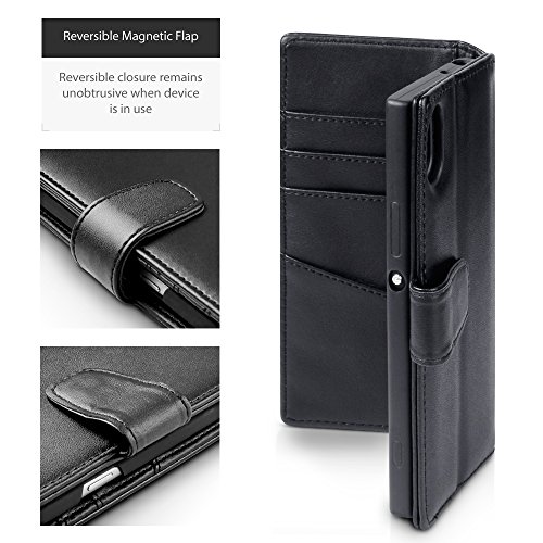 Sony Xperia XA1 Funda Cartera de aut  ntico cuero  tapa delantera con billetera para tarjetas  adaptable en posicion horizontal - Negro oscuro
