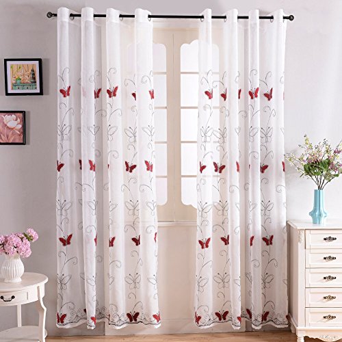 Topfinel Mariposa Cortinas Salon Transparente de Paneles para Habitacion de Estar Visillos Dormitorio Moderno Infantiles 300 cm Anchura por 250 cm Longitudo,Ojales,Solo un Panel, Roja
