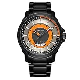 Kalender Datum Fenster Herren Einzigartige Cool Analog Japan Quarzwerk Wasserdicht Business Casual Schwarz Edelstahl Band Kleid Handgelenk Fashion Kalender Uhr mit Silber und orange Zifferblatt