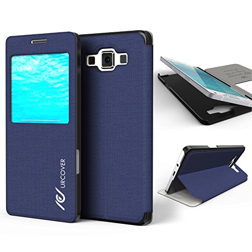 Urcover Funda Compatible con Samsung Galaxy A3 2015 S-View Carcasa con Tapa Libro Funcion Soporte, Flip Case Delgada protección Pantalla con Ventana Wallet Cover - Azul Obscuro