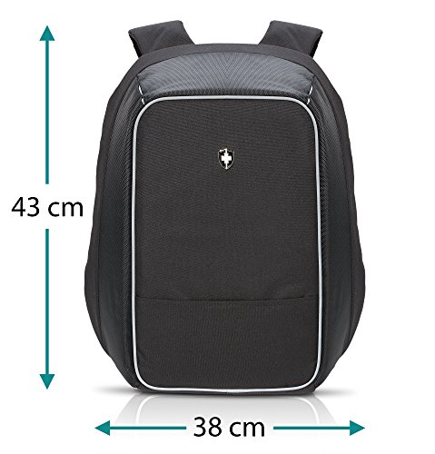 Anti Diebstahl Laptop Rucksack 14, 15,6 17 Zoll schwarz, allpremio DESIGN Swiss | stoßfest + schnittfest aus Polyester, komfortabel leicht mit versteckten Fächern und Taschen | integrierter USB-Port für Powerbank, Smartphone oder Notebook | elegant für Herren und Damen, modern für Studenten, Schüler und Kinder | als Tasche für die Arbeit oder zur SICHERHEIT in der Stadt, oder auf der Reise beim Citytrip | mit in der Dunkelheit reflektierende Applikation - 2