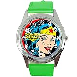Taport® Wonder Woman Quarz-Armbanduhr, rund, SCI FI, grünes Echtleder, inklusive Ersatzakku und Geschenkbeutel