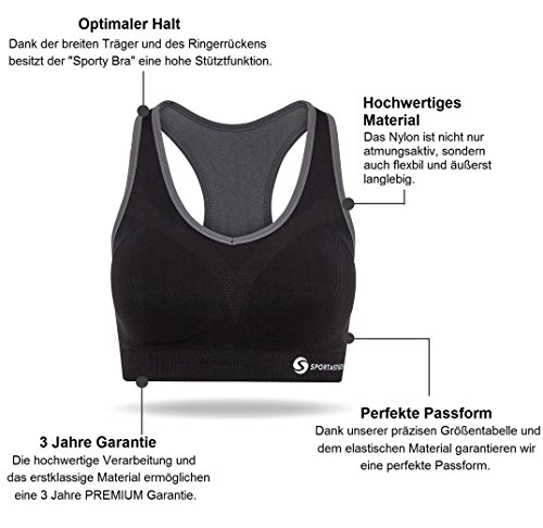 Innovativer Sport BH „Sporty Bra“ von Sportastisch:: Atmungsaktives Material + gepolstert mit herausnehmbaren Cups :: Perfekte Passform und Kompression mithilfe der Größentabelle :: Starker Halt dank breiten Kreuz Rücken :: Hohe Bewegungsfreiheit ohne Bügel oder Verschluss :: PushUp-Funktion dank Einlagen :: ideal für Damen und Mädchen im Alltag und Sport wie Fußball, Handball, Joggen, Zumba oder Kampfsport :: inklusive 3 Jahren Sportastisch Produktgarantie - 2
