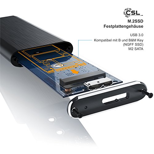 CSL – SSD Festplattengehäuse für M.2 Festplatten | USB 3.0 Case auf M.2 Adapter (NGFF) | 1x M.2 Key B | m.2-Schnittstellen-Standard (NGFF) | Module: 2280, 2260, 2242 und 2230 | UASP Unterstützung | schwarz (Alu gebürstet) - 3