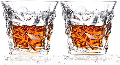 Cooko Diamond Whiskey Glasses,Lead-Free Crystal Glasses ,10.6 oz Scotch Whisky Tumblers,2 Pcs of Wine Glasses