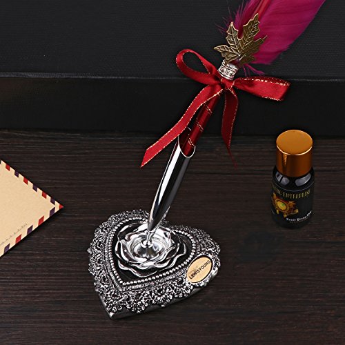 Pen Kit Gänsekiel Dip Pen Kit handgeschnitzt Feder Dip Pen Kit mit eleganten Carving Stift Ständer/Tinte Flasche/5 x Feder (schwarz/rot/grün) – rot - 7