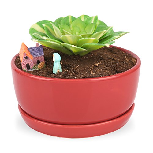 Pure.Lifestyle 6.5" Ceramic Red Round Succulent Cactus Plant Pot Flower Pot Tray,Gardening Home Office Decor