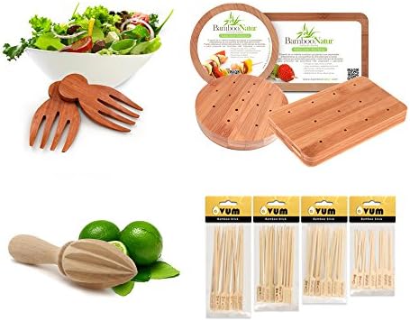 BAMBOONATUR SET based on 4 sizes of Bamboos Paddle Skewers, 25 pieces each, 2 cutting boards with holes for serving Skewers, manual juicer und salad hands.