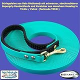 Schleppleine 16 mm aus Beta BioThane® 5 Meter lang in Türkis/Petrol mit abnehmbarer Handschlaufe aus Supergrip und Messingkarabiner