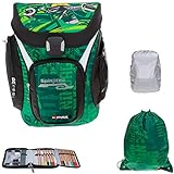 Ranzen: großes Hauptfach (20 L), 2 x Büchertasche innen, 1 x Außennetztaschen, 1 x Außentasche, große Vortasche isoliert mit RV