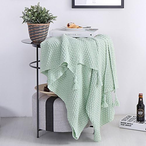 Cotton Knitted Cellular Blanket with Tassel Sofa Chair Bed Couch Cover Throw Soft Warm Mint Green 130x170cm