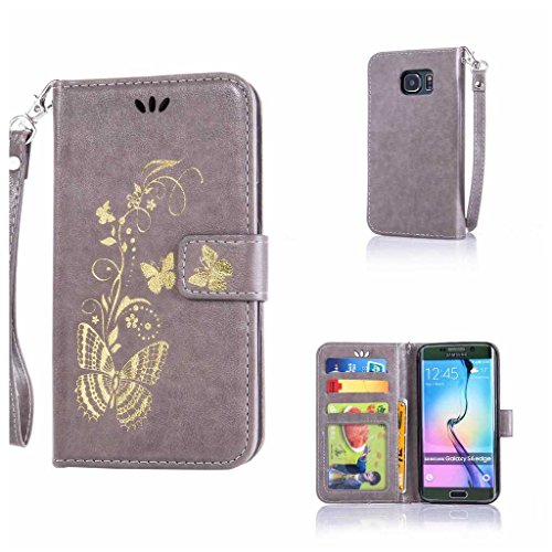 Galaxy S6 Edge Hülle Ledertasche [mit Frei Hartglas Displayschutzfolie], KKEIKO® Schutzhülle PU Leder Tasche Hülle Case für Samsung Galaxy S6 Edge, Wickelfalz Handyhülle mit Bändselloch Standfunktion Karteneinschub und Magnetverschluss, Kratzfeste Lederhülle Flip Wallet (Grau #6)