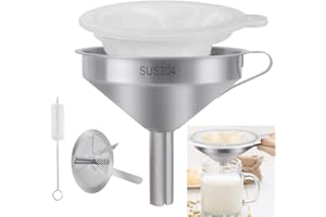 BUENTYA Ensemble de 5 Pièces de Entonnoir cuisine en Acier Inoxydable Entonnoir avec 300 Filtres en Mesh et Filtre Métallique et Brosse Filtre à Alimentaire pour Filtre Huile Accessoire Rhum Arrangé