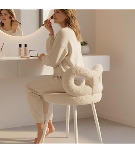 Tabouret De Coiffeuse Avec Dossier Nœud Papillon – Chaise De Maquillage Sans Accoudoirs, Pieds Réglables, Blanc