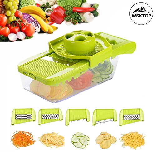 Gemüse Mandoline Slicer,muti-Funktion Lebensmittel Chopper Julienne Dicer Obstschneider mit 5 Austauschbaren Scharfen Klingen für Karotten/Gurken/Zucchinis /Kartoffeln Cutter/Zwiebeln/ Radieschen/Käse