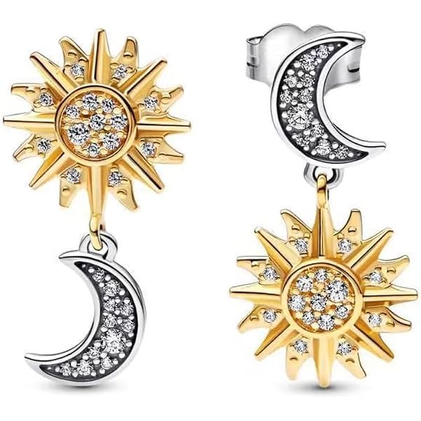 Orecchini Asimmetrici A Cerchio Con Stelle E Luna - In Argento S925 Placcato Oro Bianco - Pendenti Lucidi Per Donne E Ragazze